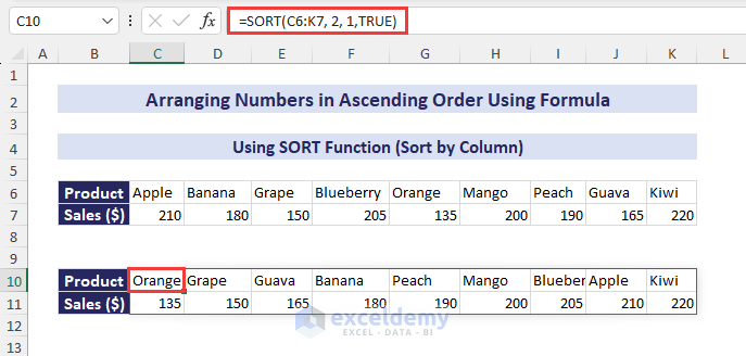 Using sort formula to Arrange Numbers in Ascending Order in Excel