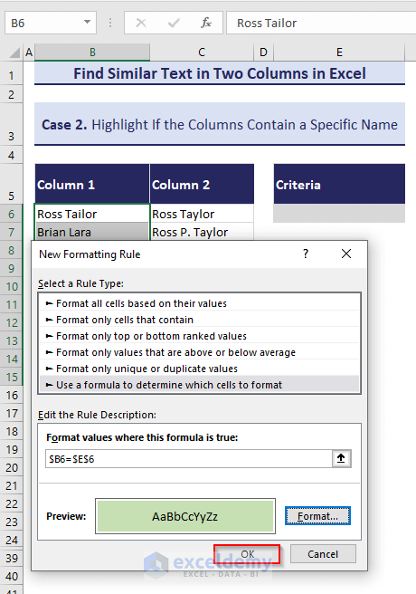 Clicking OK from New Formatting Rule window