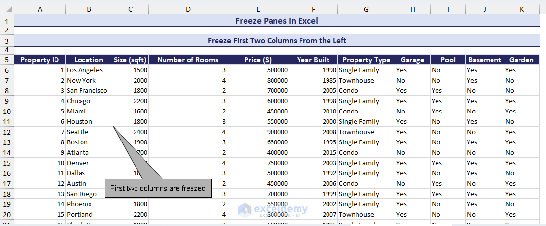 first two column freezed using freeze panes feature