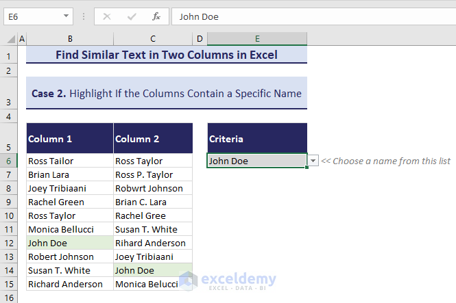 Showing Similar Text in Two Columns highlighted with green color