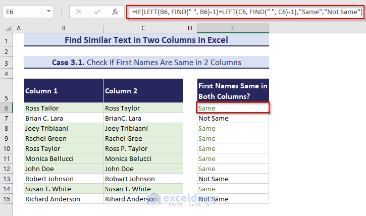 Using IF, LEFT and FIND functions to Find Similar Text in Two Columns