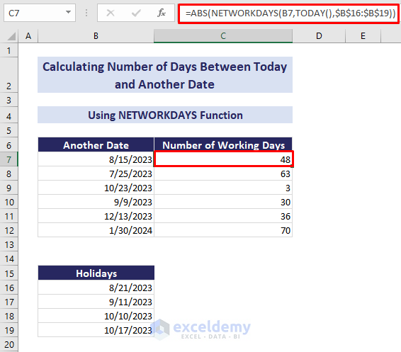 using networkdays function to calculate number of working days