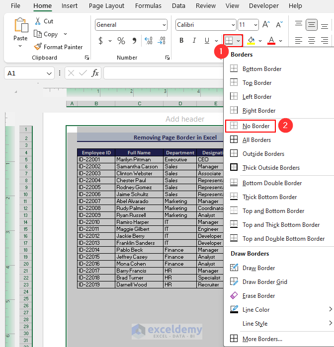 Selecting No Border Command to Remove All Borders from the Page in Excel