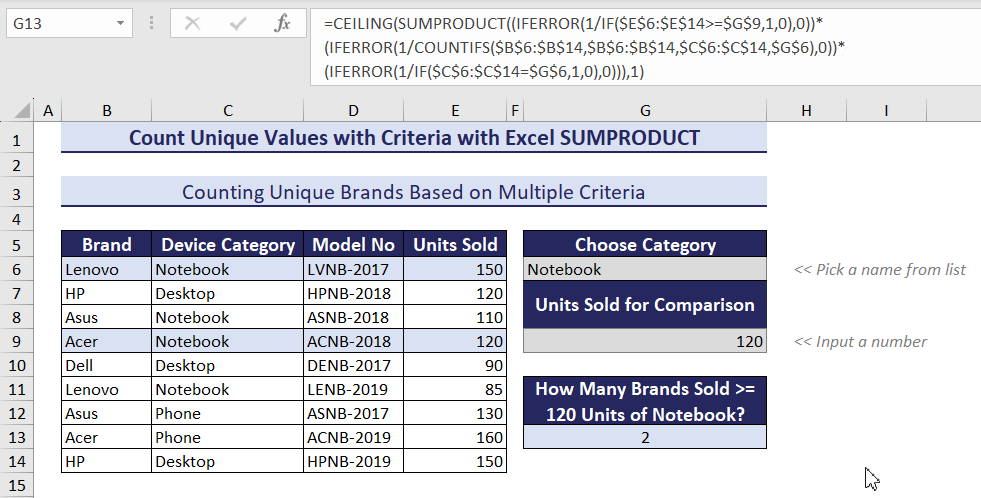 Output of Using CEILING, SUMPRODUCT, IFERROR and COUNTIF Functions to Count Unique Values with Multiple Criteria
