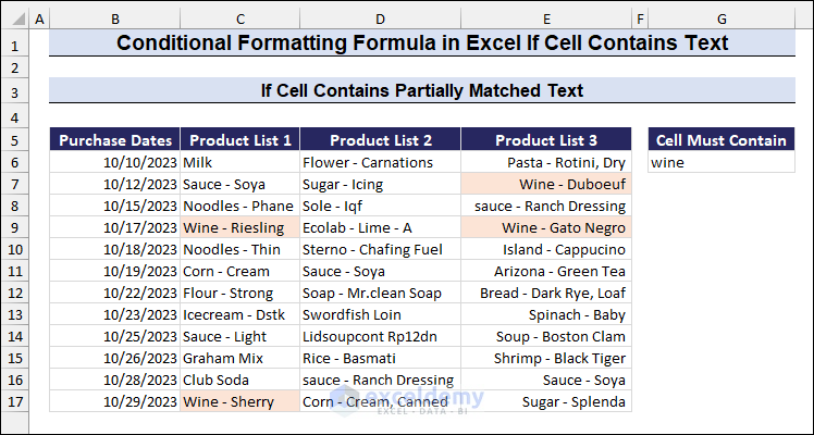 Conditional Formatting to highlight cells if they contain partially matched text