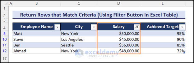 Filtered all rows that match criteria
