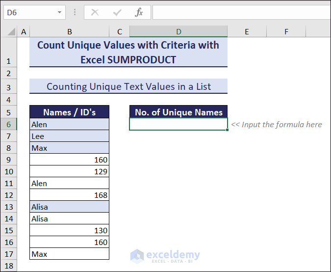 Dataset to Count Unique Text Values Using ISTEXT and COUNTIF with SUMPRODUCT