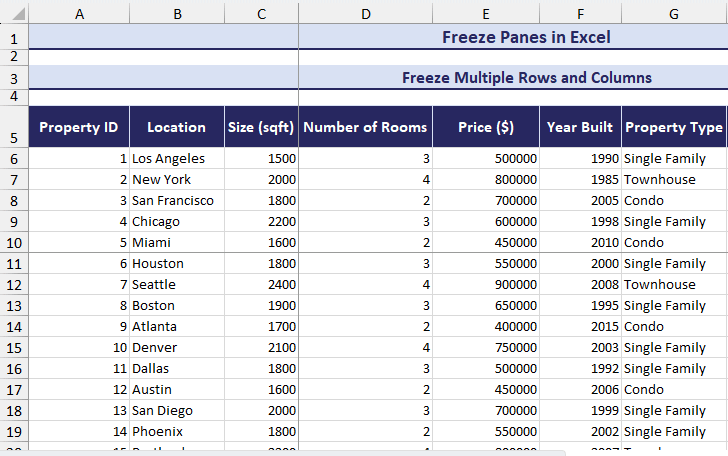 freezing multiple rows and columns using freeze panes in Excel