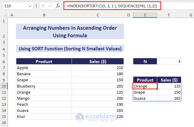 using sort formula to sort n smallest values in Ascending Order in Excel