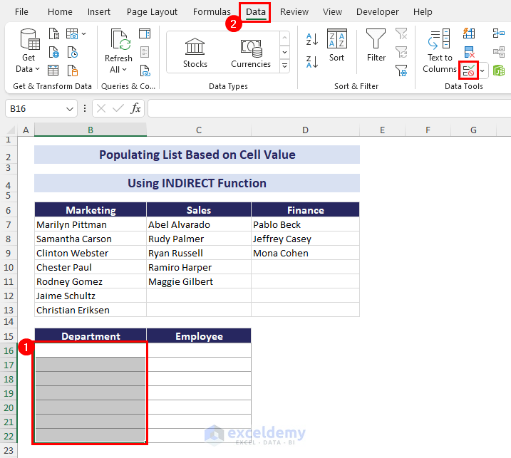 creating data validation for department inputs