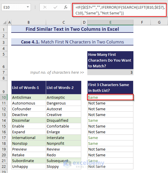 Using IF, IFERROR, SEARCH and LEFT functions to Find Similar Text in Two Columns based on first 3 characters