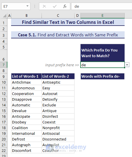 Choosing prefix from drop-down list to Find Similar Text in Two Columns based on prefix