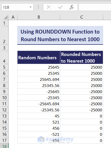 Showing Rounded numbers to nearest 1000 using Excel ROUNDDOWN function