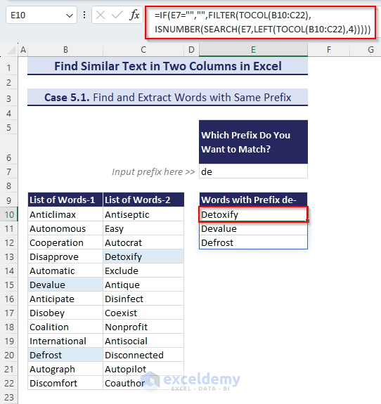 Using IF, FILTER, TOCOL, ISNUMBER, SEARCH and LEFT functions to Find Similar Text in Two Columns based on prefix