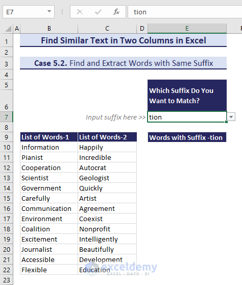 Choosing suffix from drop-down list to Find Similar Text in Two Columns based on suffix