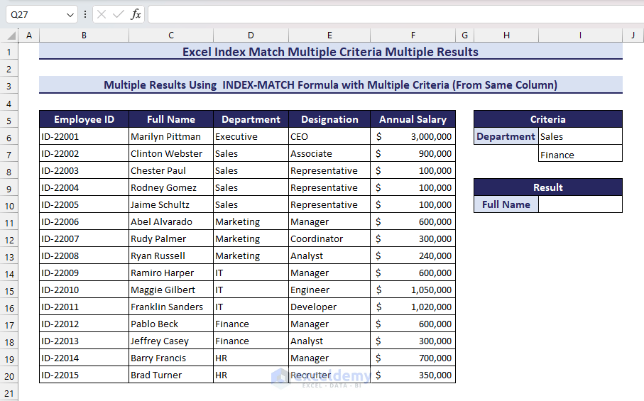 Dataset for Finding Multiple Results Using Index Match Formula with Multiple Criteria from the Same Column in Excel