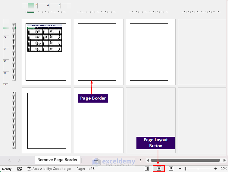 Page Border in Page Layout View of the Workbook