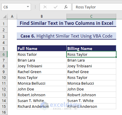 Dataset to Find Similar Text in Two Columns using VBA