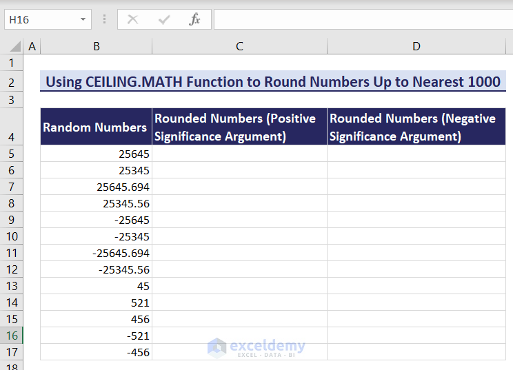 Dataset to Round numbers to nearest 1000 using Excel CEILING.MATH function