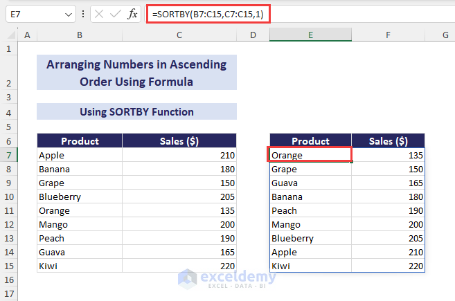 using sortby formula to arrange numbers in ascending order