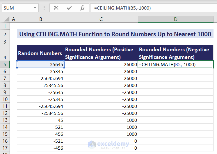 Using Excel CEILING.MATH function to Round numbers to nearest 1000