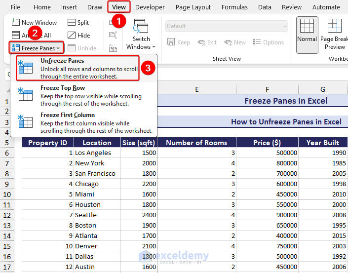 unfreezing panes from the freeze panes option in Excel