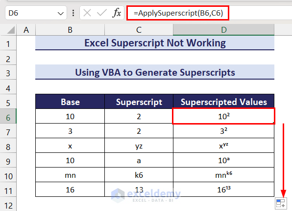 Applying VBA Custom Function to Generate Superscripts