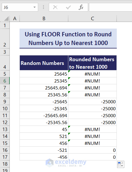 Showing Rounded numbers to nearest 1000 using Excel FLOOR function