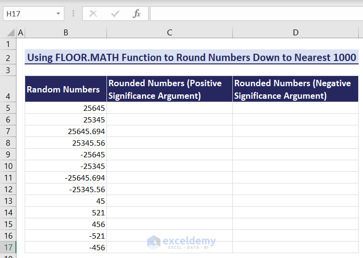 Dataset to Round numbers to nearest 1000 using Excel FLOOR.MATH function