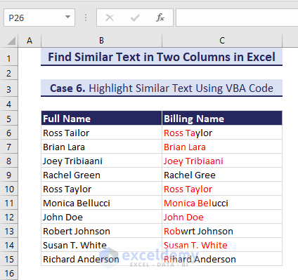 Showing highlighted Similar Text in Two Columns using VBA