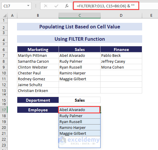 using FILTER function to populate list based on cell value in excel