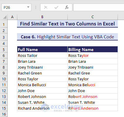 How to Find Similar Text in Two Columns in Excel