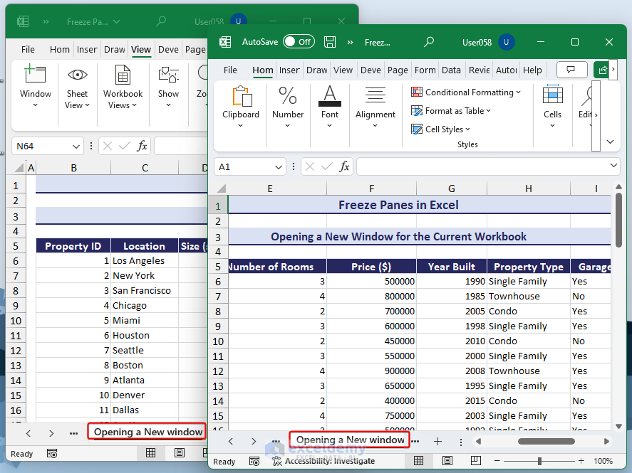 same sheet opened in a new window in stead of using freeze panes in Excel