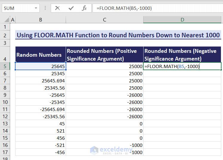 Using Excel FLOOR.MATH function to Round numbers to nearest 1000