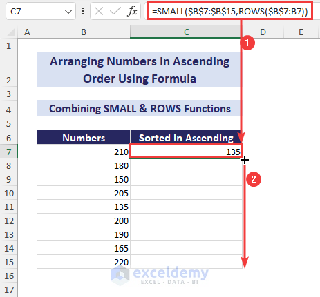 Arranging Numbers in Ascending Order in Excel Using SMALL with ROWS Functions