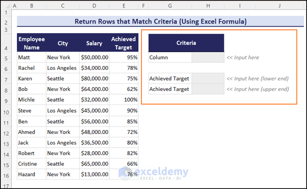 Criteria table to return all rows that match criteria Excel