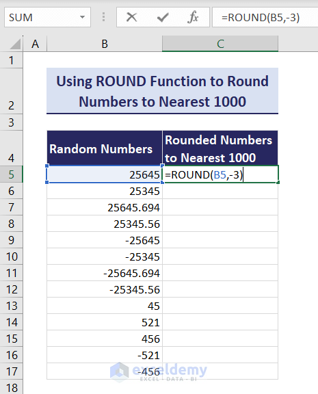 Using Excel ROUND function to Round numbers to nearest 1000
