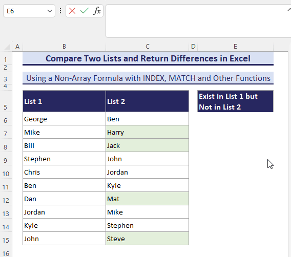 Using Excel IF and COUNTIF functions to compare and return differences of two lists excluding error.