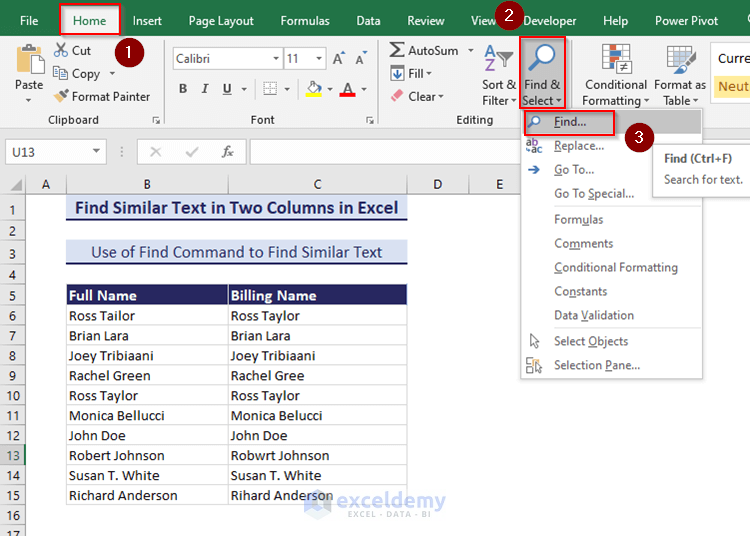 Using Find command to find Similar Text in Two Columns