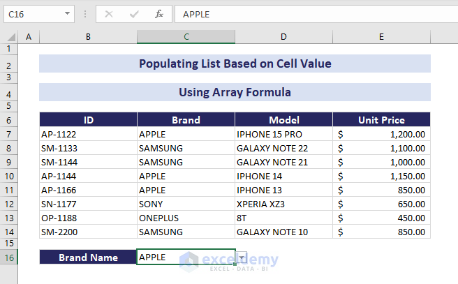 Dataset of phones for array formula