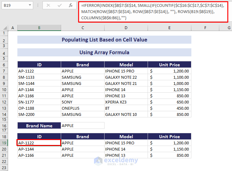 using excel array formula to populate list based on cell value