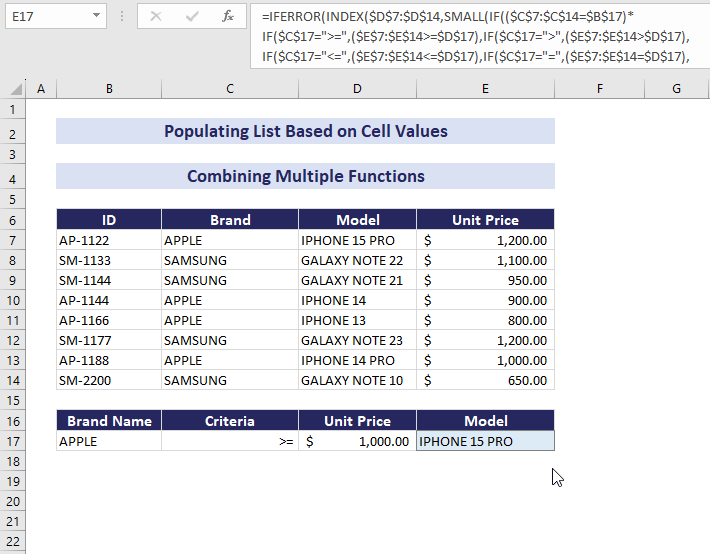 gif of populating list based on multiple values