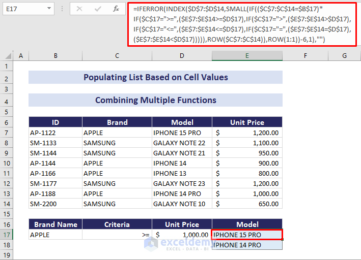 combining multiple functions to populate list based on multiple values in excel