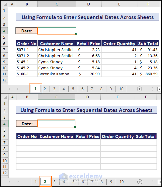Using Excel formula to enter sequential dates across sheets