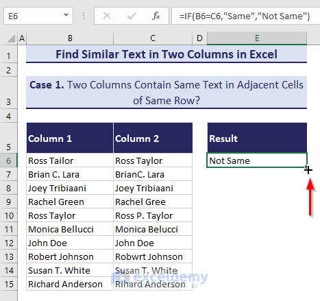 Using Fill Handle to Find Similar Text in Two Columns