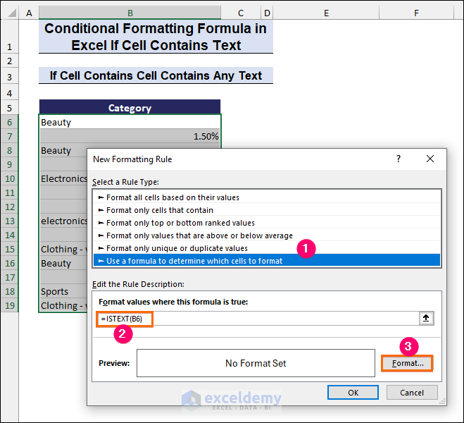 Apply formula with the ISTEXT function in Conditional Formatting