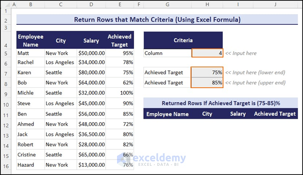 Defining criteria for returning rows