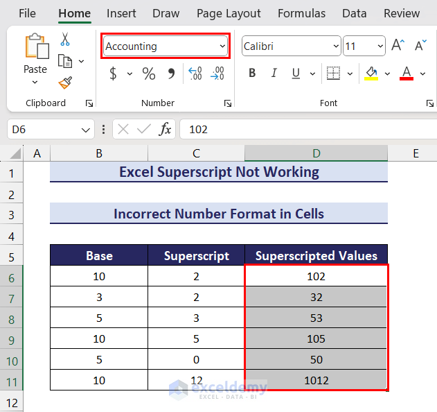 Superscript Not Working Due to Accounting Number Format in Excel