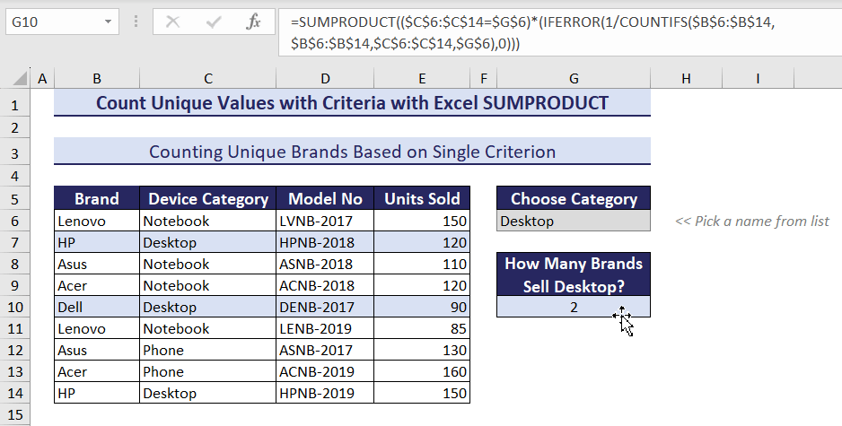 Using Excel SUMPRODUCT, IFERROR and COUNTIF Functions to Count Unique Values with Single Text Criteria