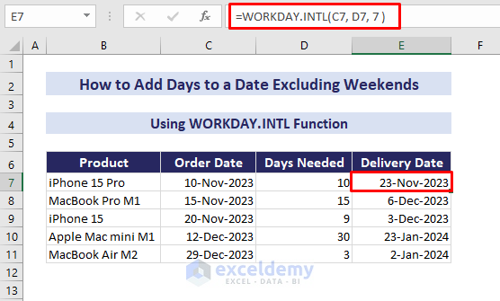 using workday.intl function to add days to a date excluding weekends in excel